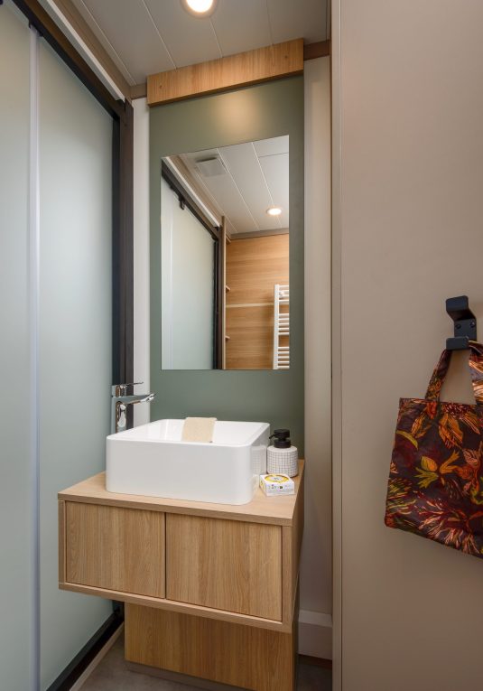 Vue sur le lavabo et le miroir de la salle de bain.